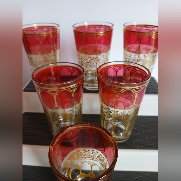 Moroccan Tea / Water / Juice Glasses Cranberry Red With Gold Vine Motif - Picture 2 of 10